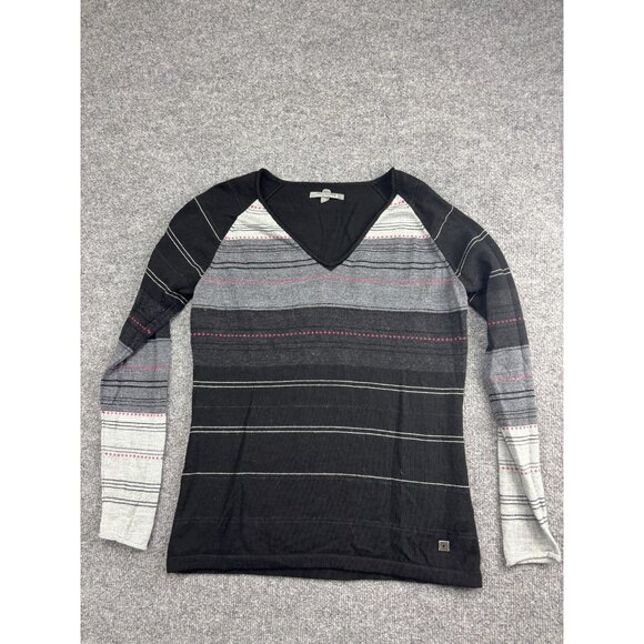 Smartwool Sweater Womens Medium Black Gray Striped Merino Wool V Neck Pullover - Picture 1 of 6